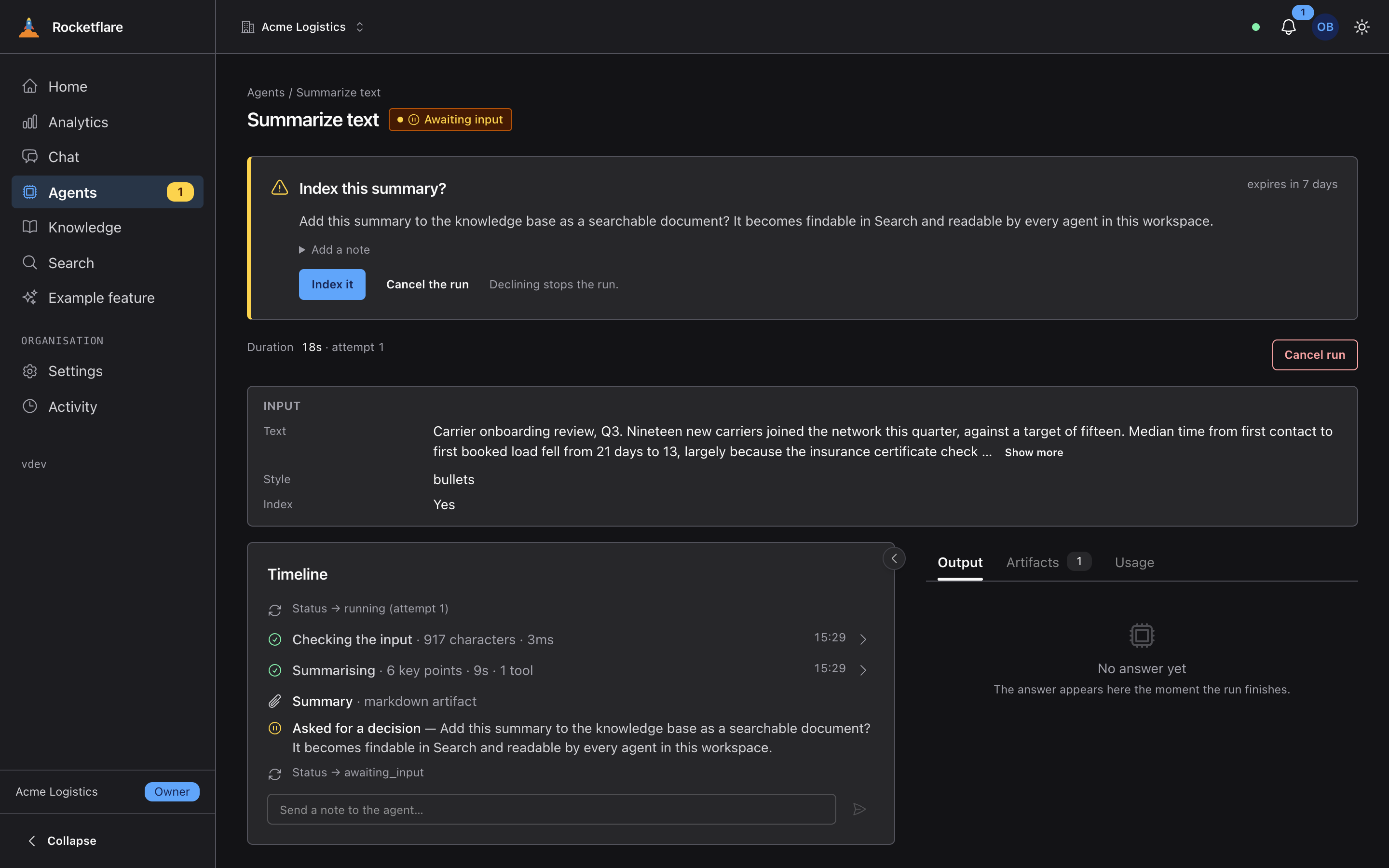 A summarize-text run marked Awaiting input: a panel above the timeline asks “Index this summary?” with Index it and Cancel the run, and the Agents nav item carries a badge of one