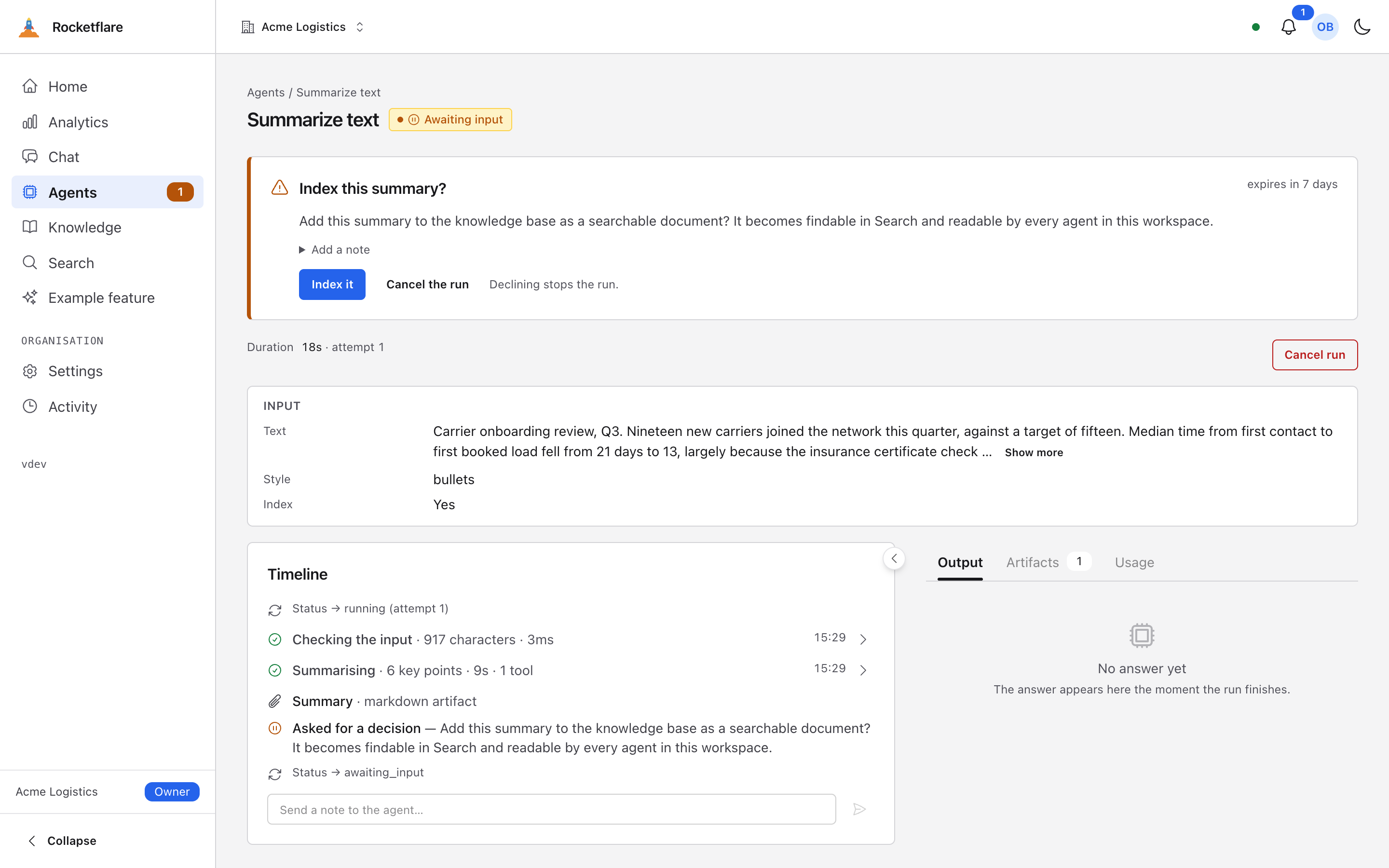 A summarize-text run marked Awaiting input: a panel above the timeline asks “Index this summary?” with Index it and Cancel the run, and the Agents nav item carries a badge of one