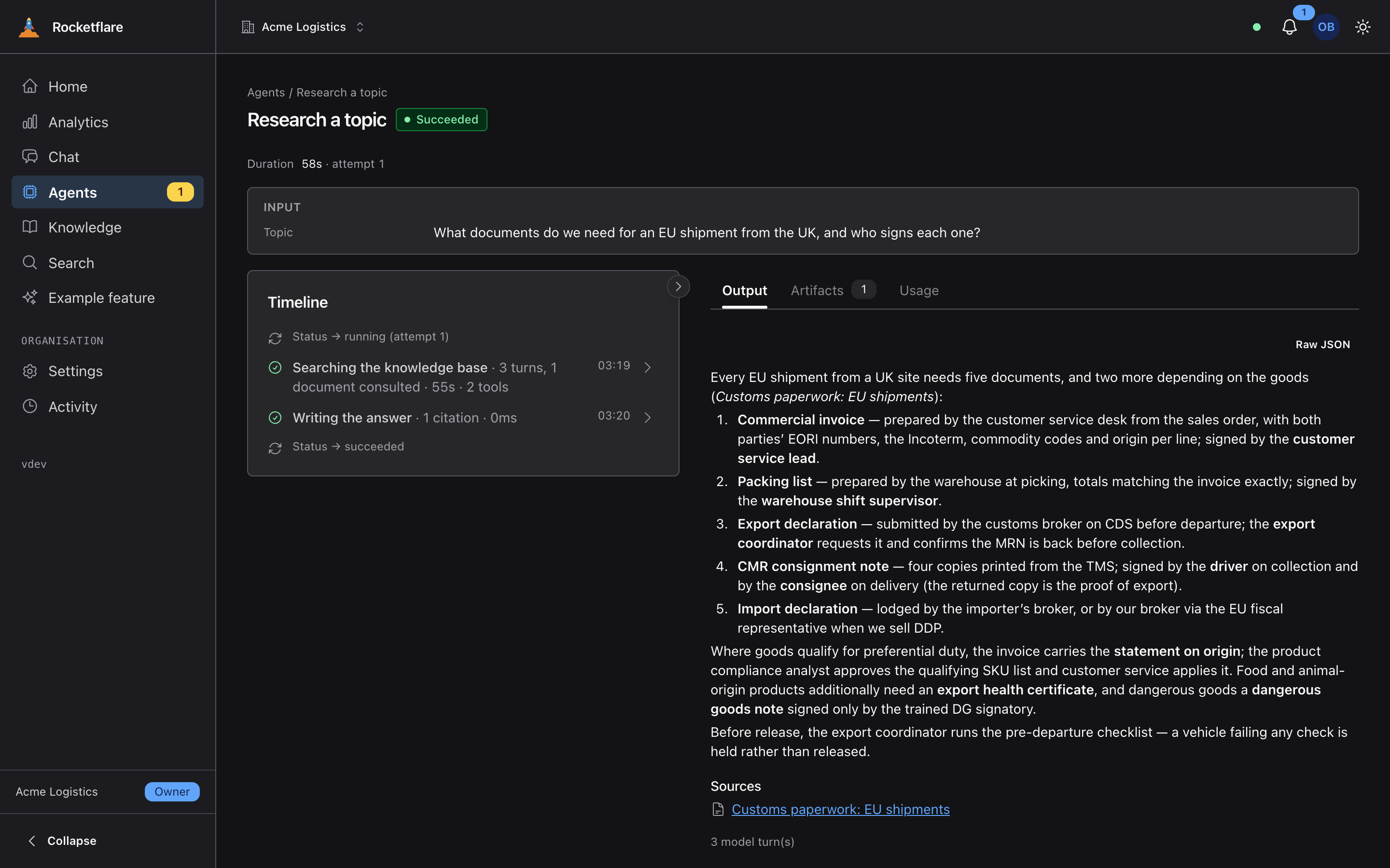A succeeded research-topic run: the Markdown answer, and under Sources the citation “Customs paperwork: EU shipments”