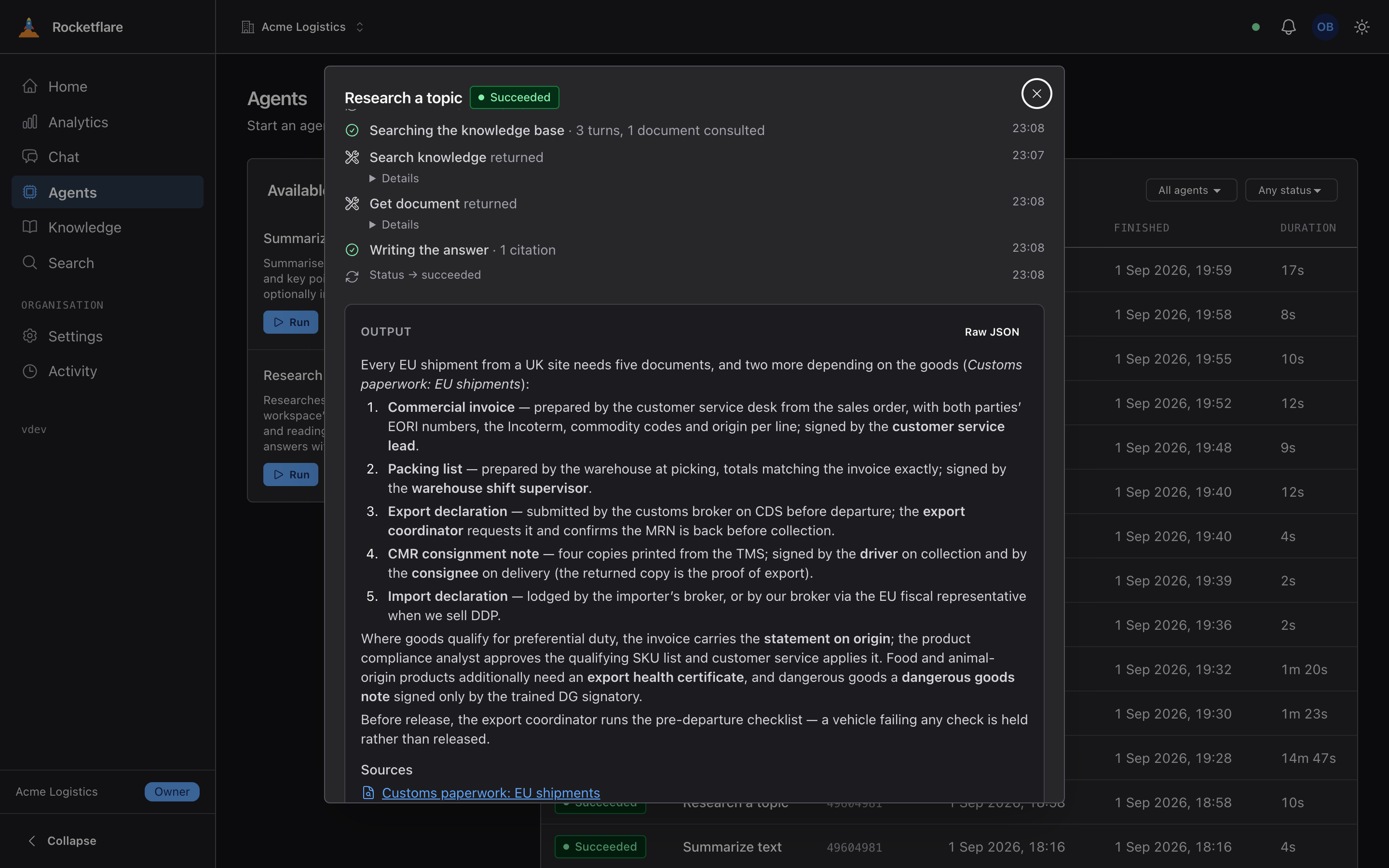 A succeeded research-topic run: the Markdown answer, and under Sources the citation “Customs paperwork: EU shipments”