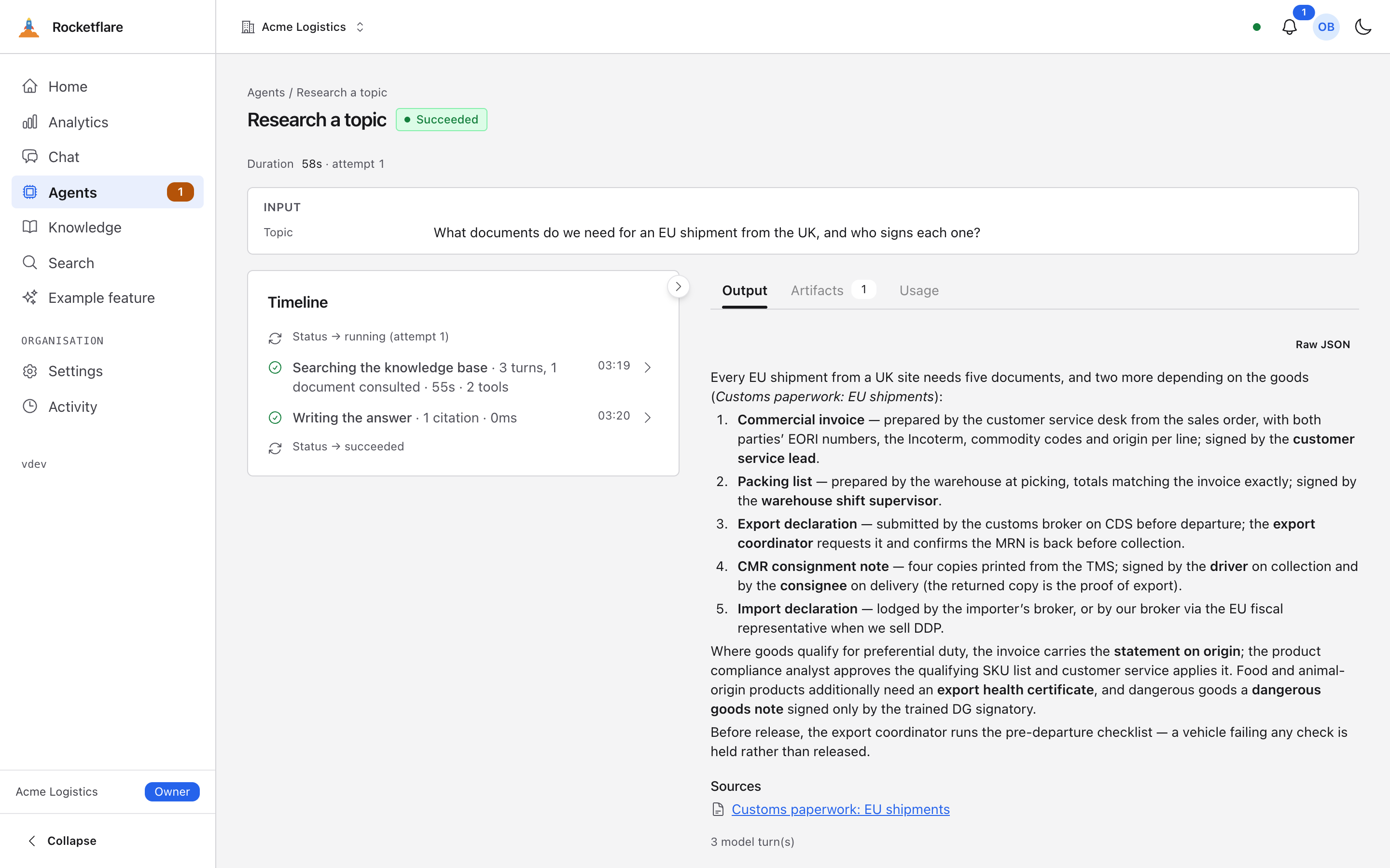 A succeeded research-topic run: the Markdown answer, and under Sources the citation “Customs paperwork: EU shipments”
