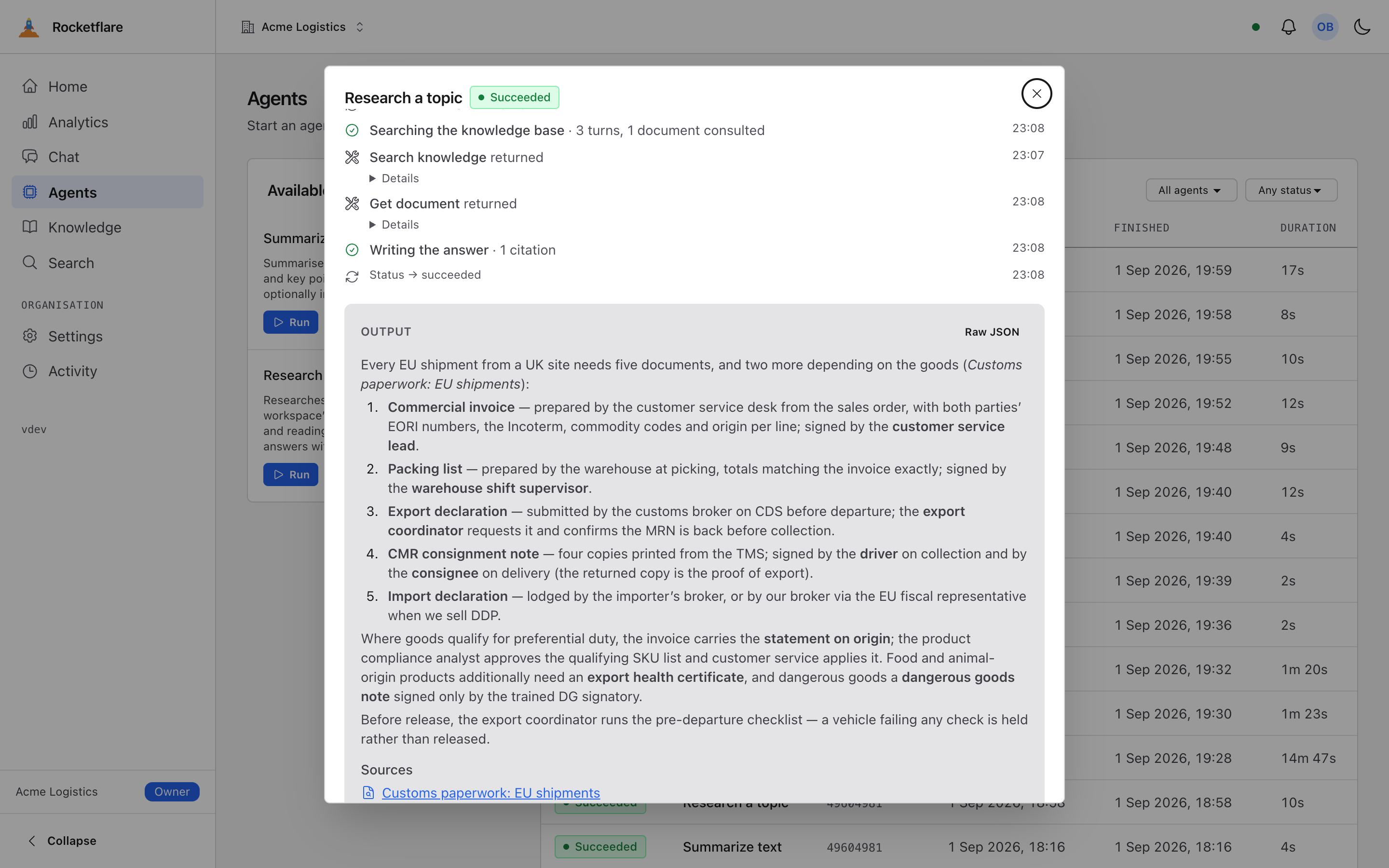 A succeeded research-topic run: the Markdown answer, and under Sources the citation “Customs paperwork: EU shipments”