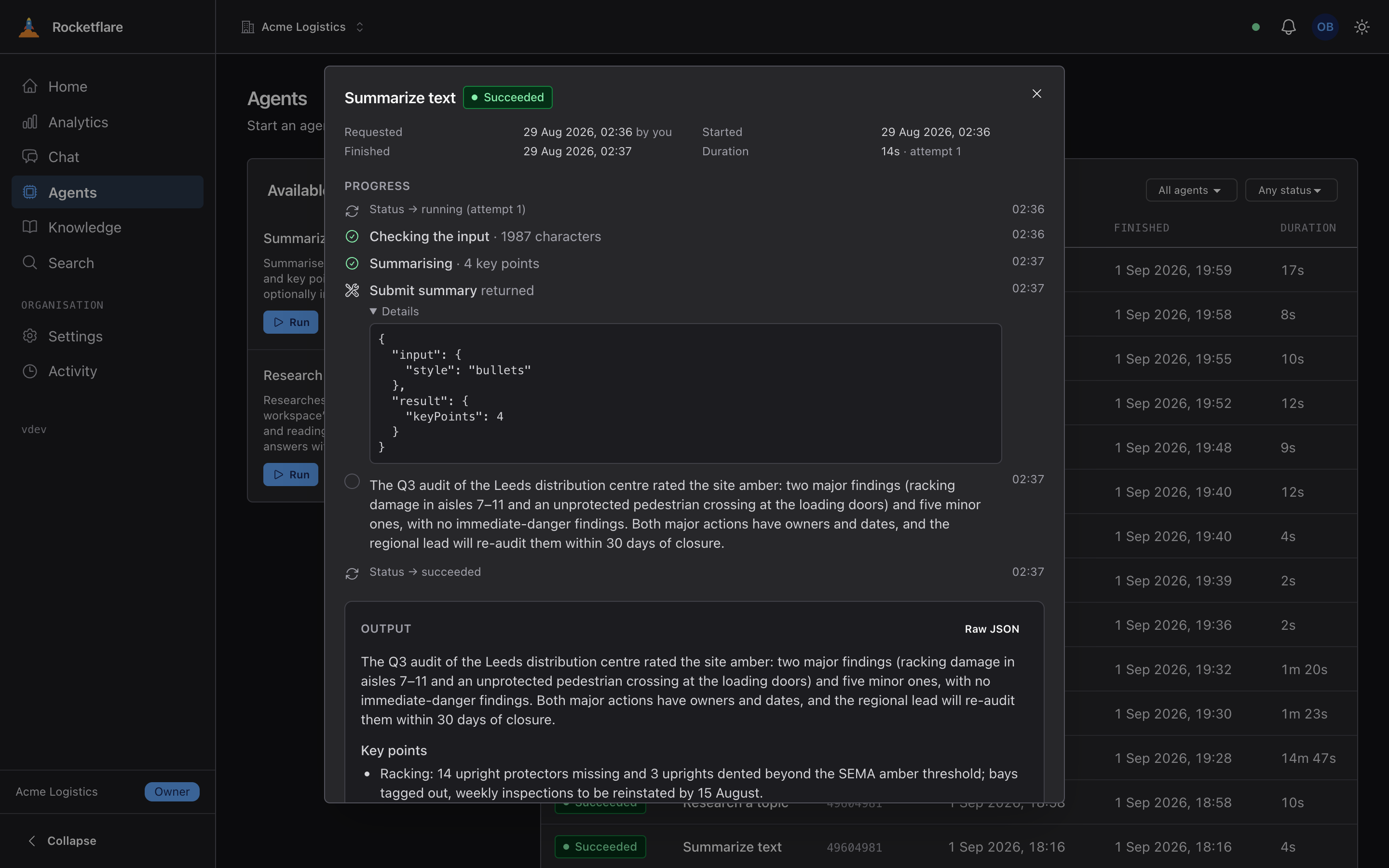 An agent run with its timeline of steps