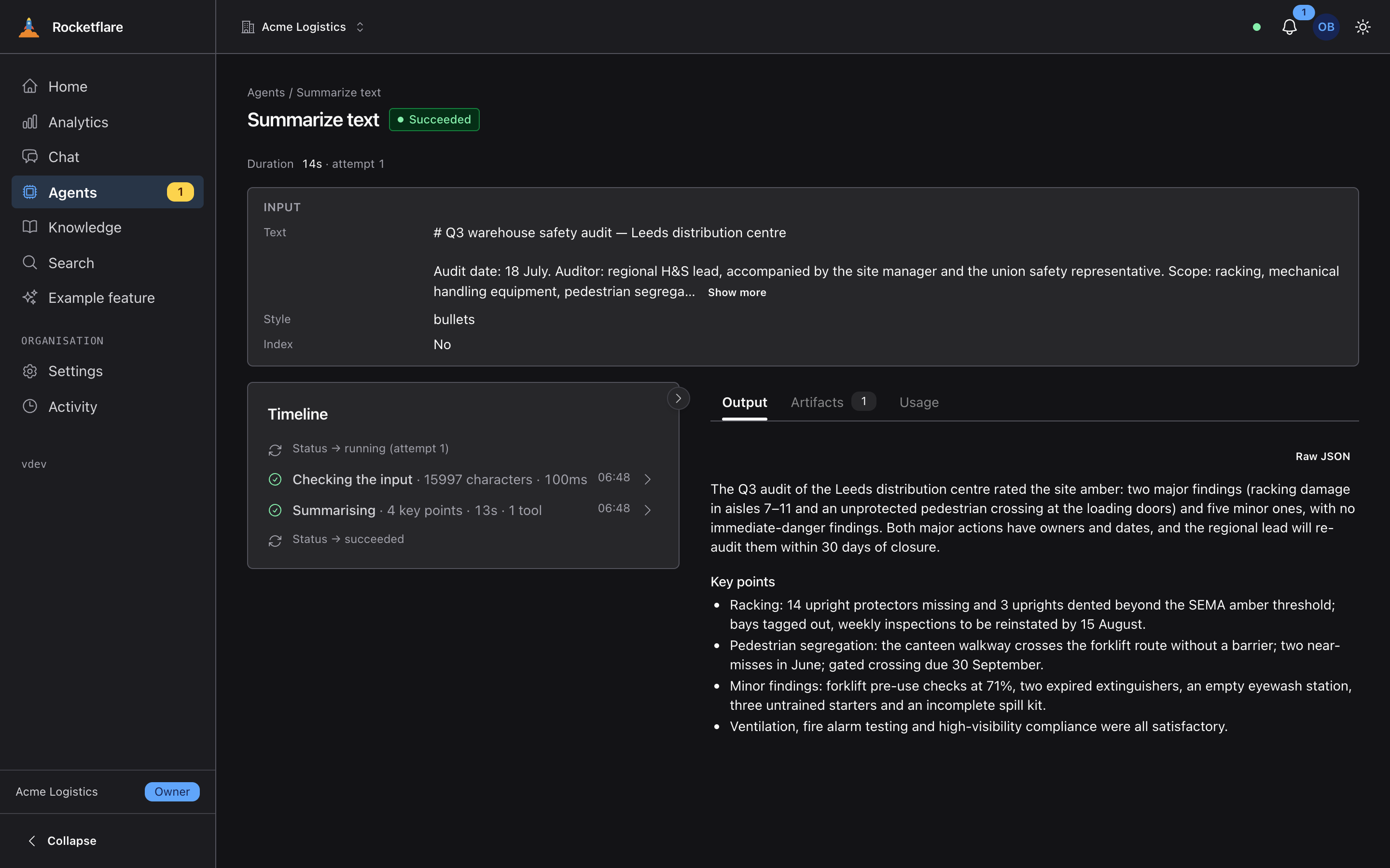An agent run with its timeline of steps
