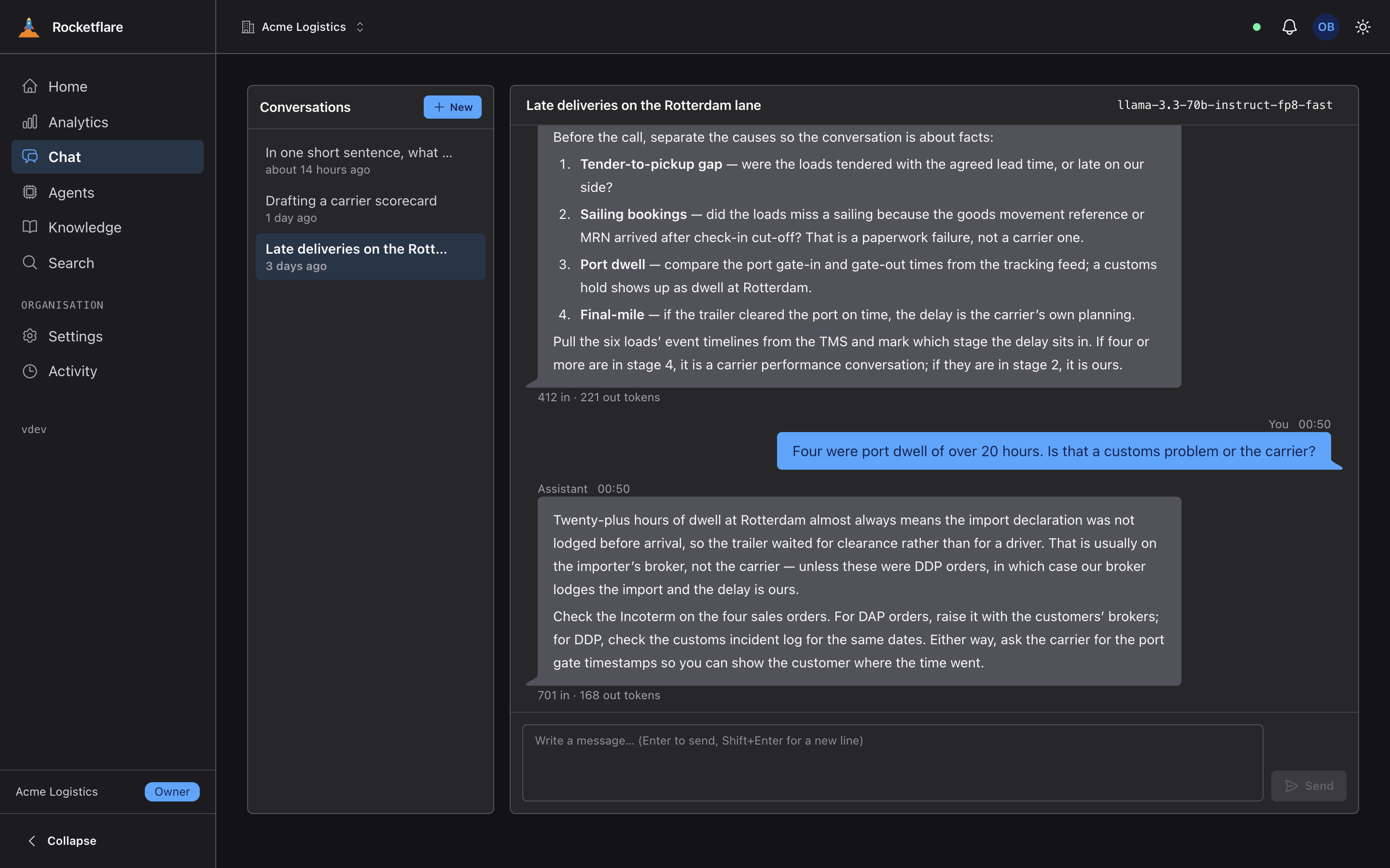 A chat thread with the built-in assistant