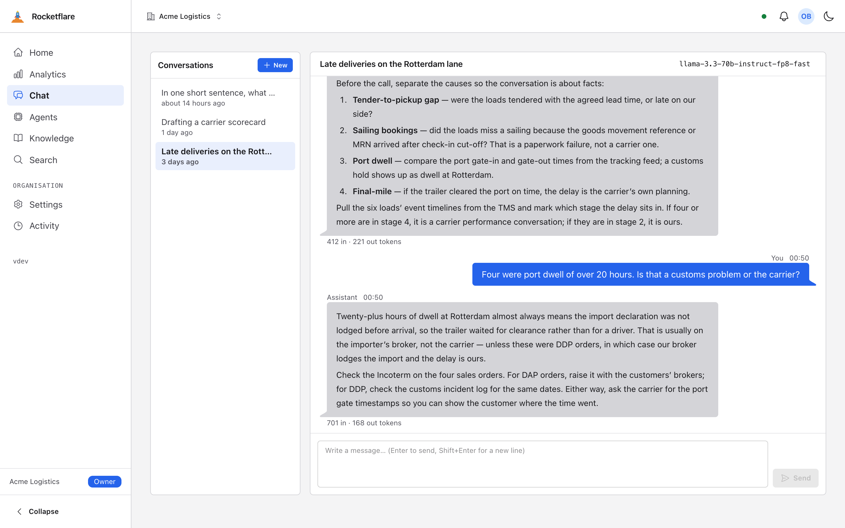 A chat thread with the built-in assistant