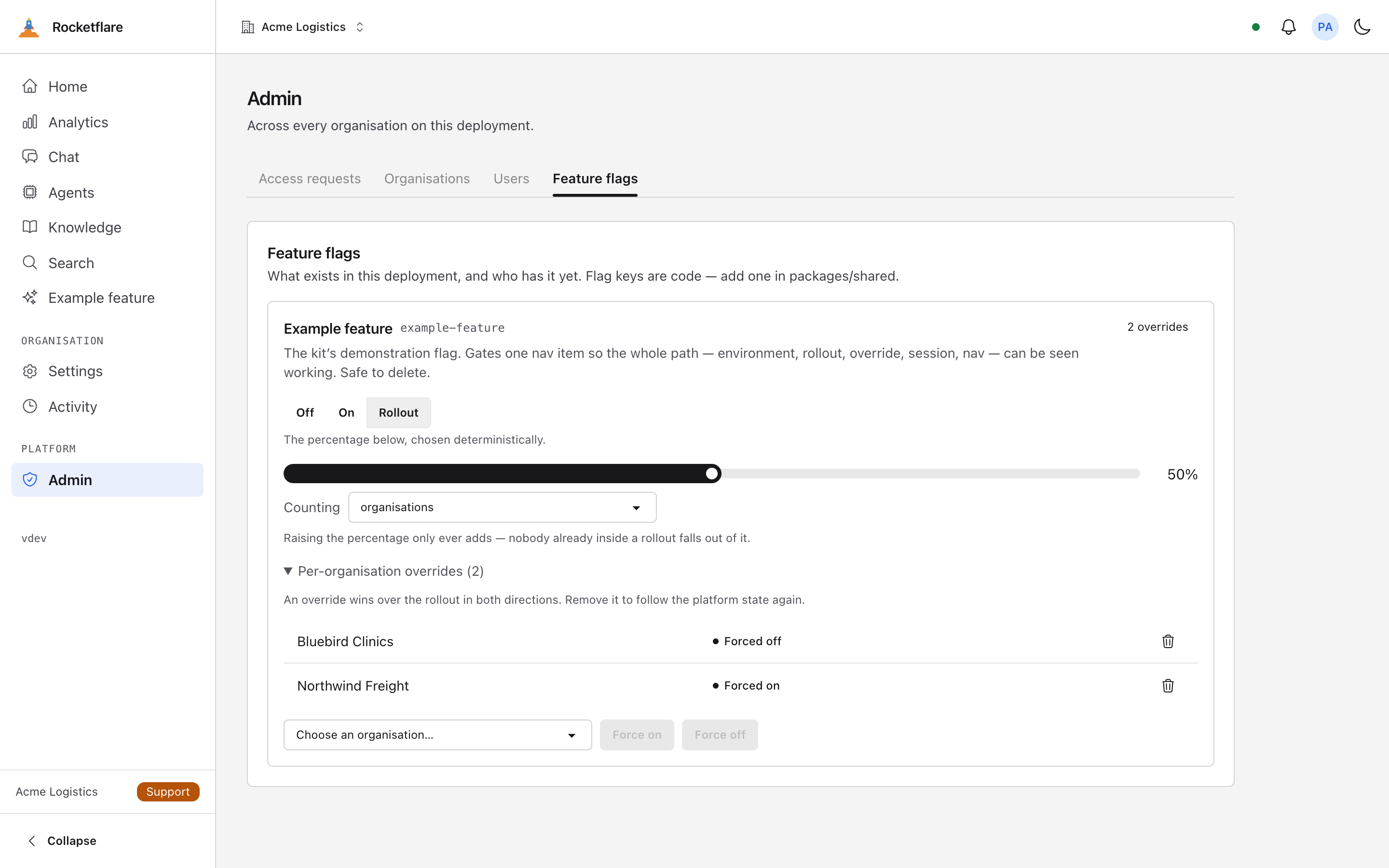 Admin → Feature flags: one flag set to a 50% rollout counting organisations, with two per-organisation overrides, one forced on and one forced off