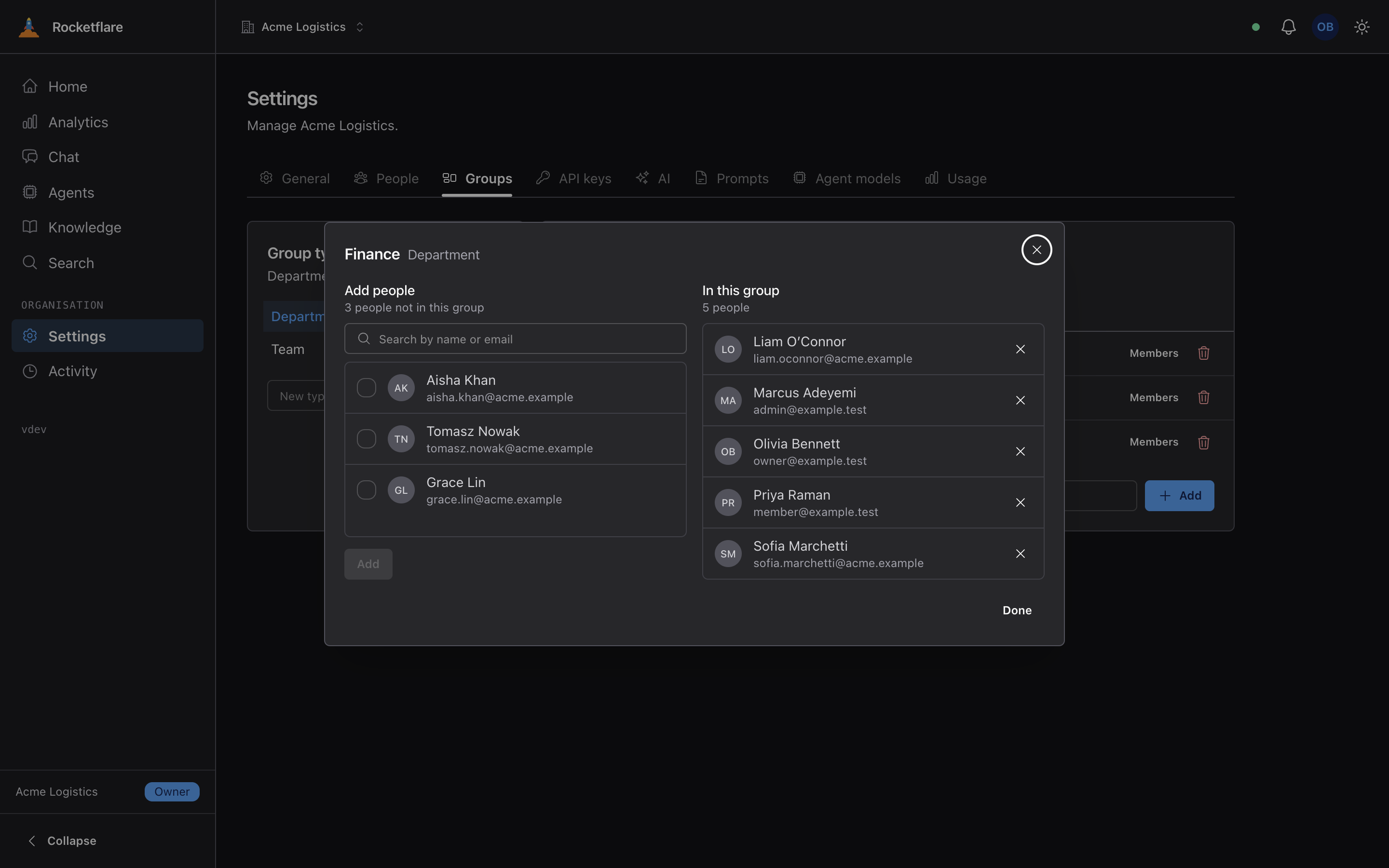 Settings → Groups with the Finance dialog open: the three people not in the group on the left, the five already in it on the right