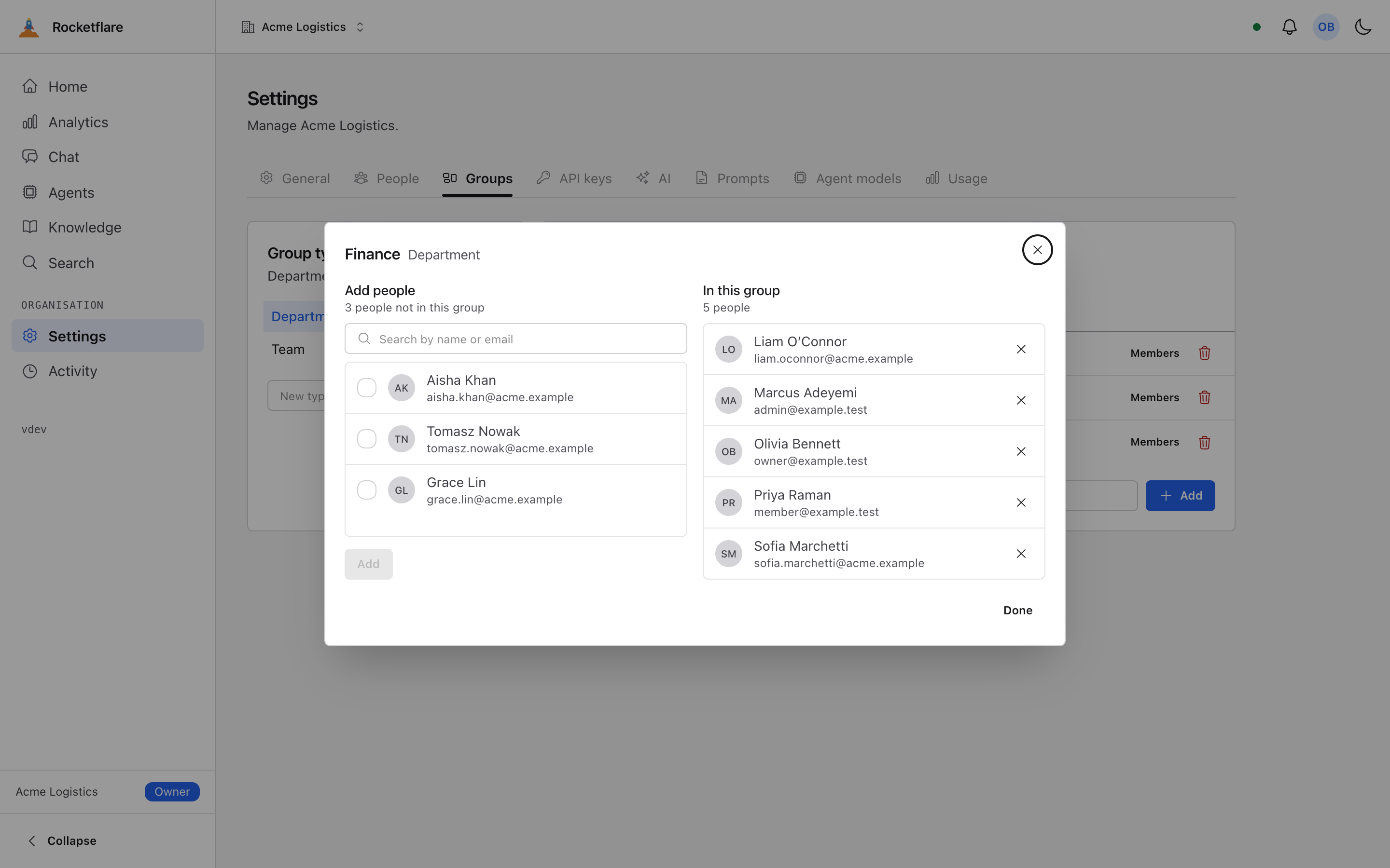 Settings → Groups with the Finance dialog open: the three people not in the group on the left, the five already in it on the right
