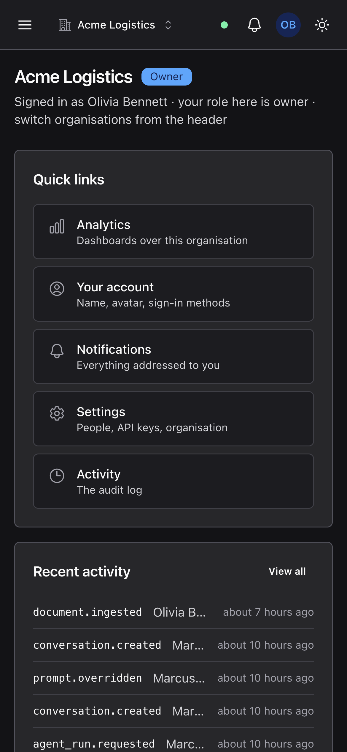Home on a phone: the organisation, quick links and recent activity stacked in one column