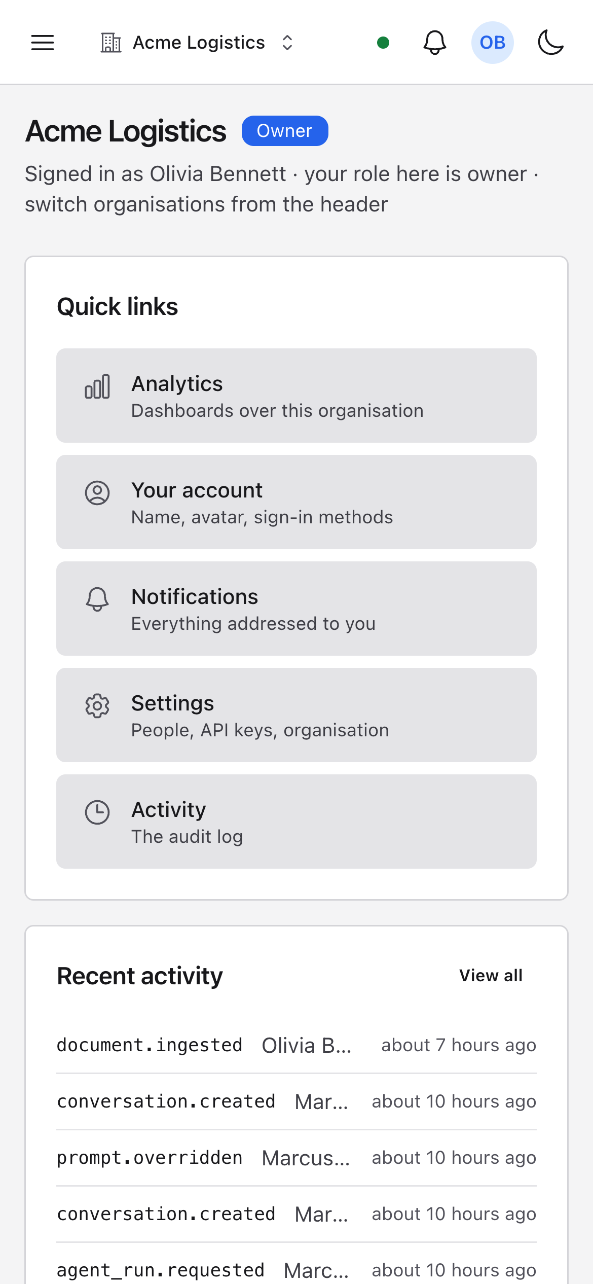 Home on a phone: the organisation, quick links and recent activity stacked in one column