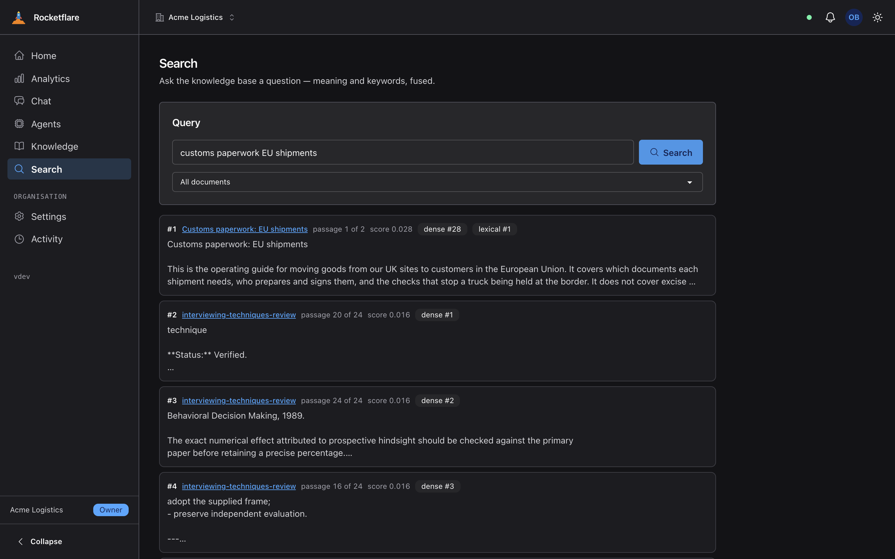 The Search page with the query “customs paperwork EU shipments”: the first hit is the document “Customs paperwork: EU shipments” with dense and lexical rank badges