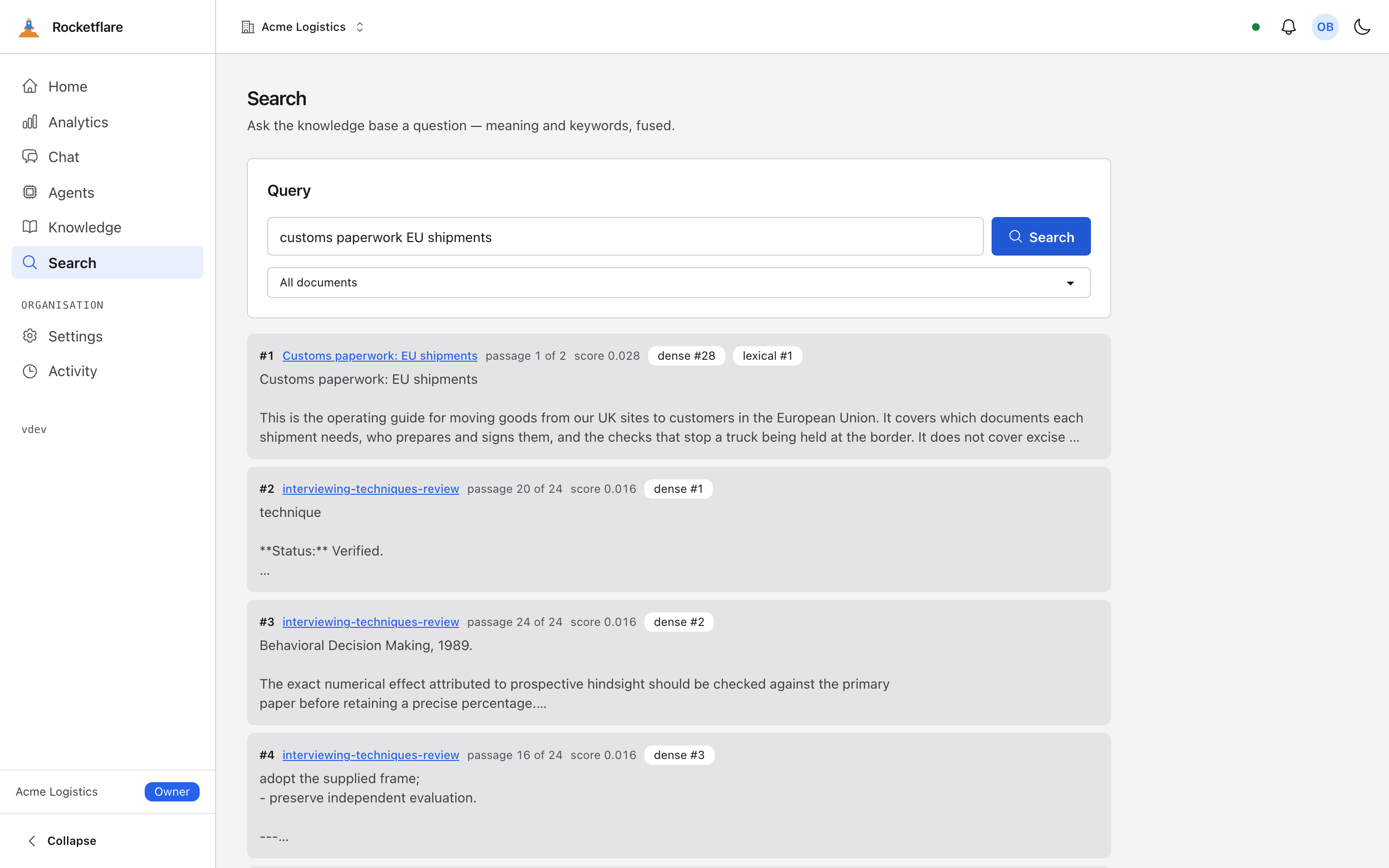 The Search page with the query “customs paperwork EU shipments”: the first hit is the document “Customs paperwork: EU shipments” with dense and lexical rank badges