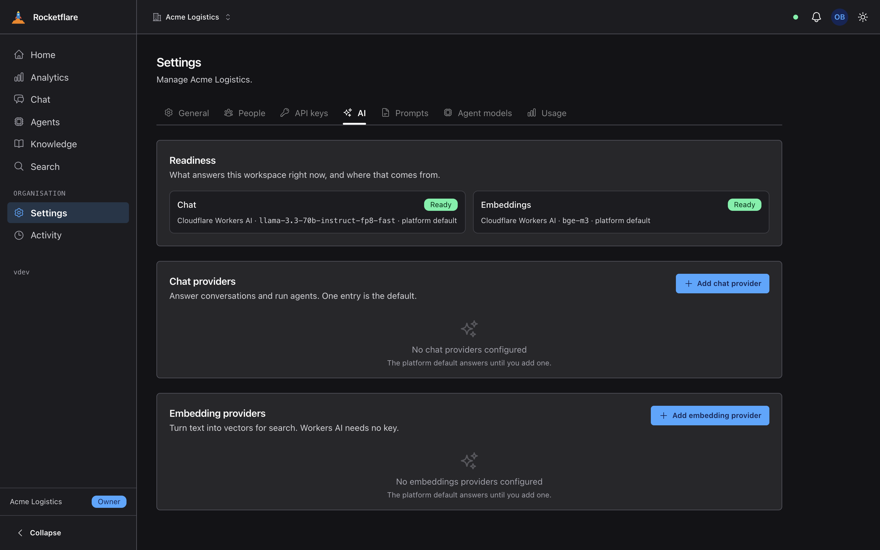 Settings → AI: chat readiness shows Cloudflare Workers AI, llama-3.3-70b-instruct-fp8-fast, platform default, and embeddings show bge-m3; no tenant providers yet