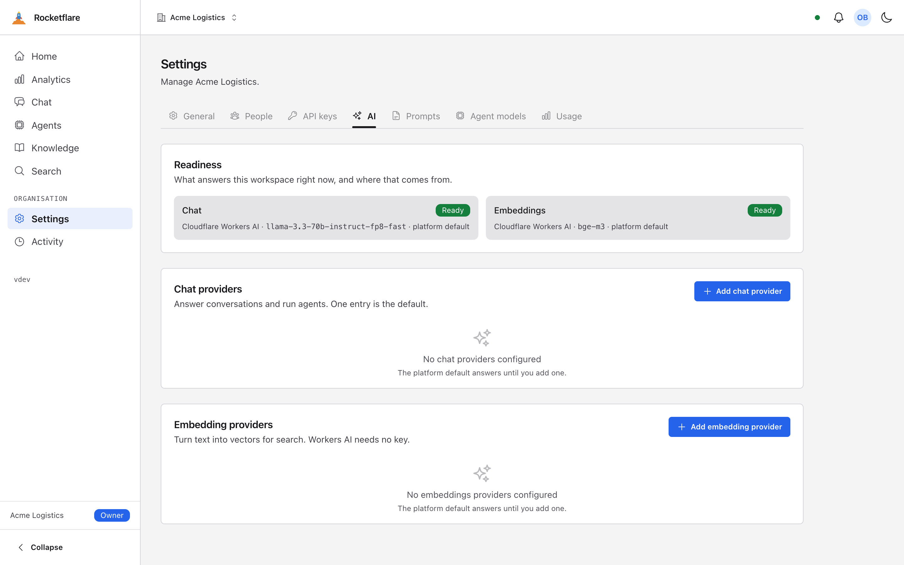 Settings → AI: chat readiness shows Cloudflare Workers AI, llama-3.3-70b-instruct-fp8-fast, platform default, and embeddings show bge-m3; no tenant providers yet